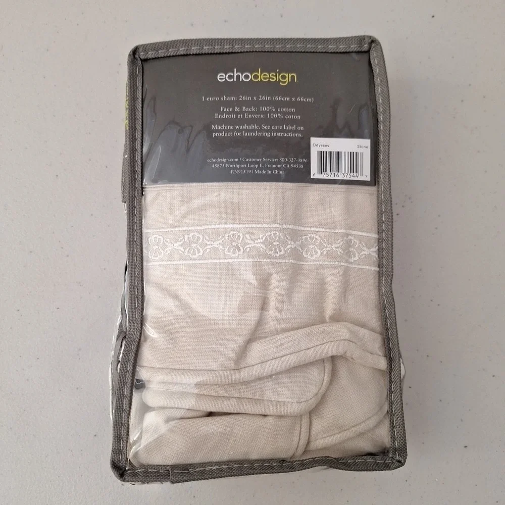 Echo Design Odyssey Euro Pillow Sham White Embroidered Border 100% Cotton NEW